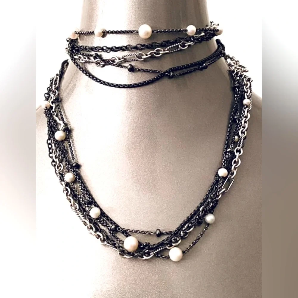 David Yurman Multistrand Quatrefoil Necklace with Onyx and Cultured White Pearls - Picture 2 of 9